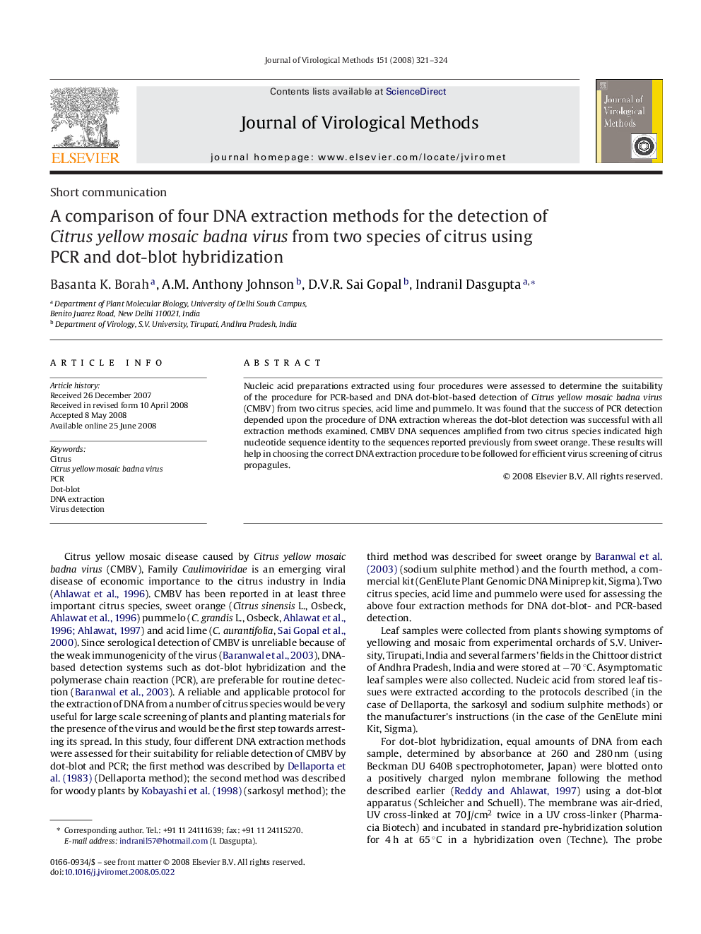 A comparison of four DNA extraction methods for the detection of Citrus yellow mosaic badna virus from two species of citrus using PCR and dot-blot hybridization