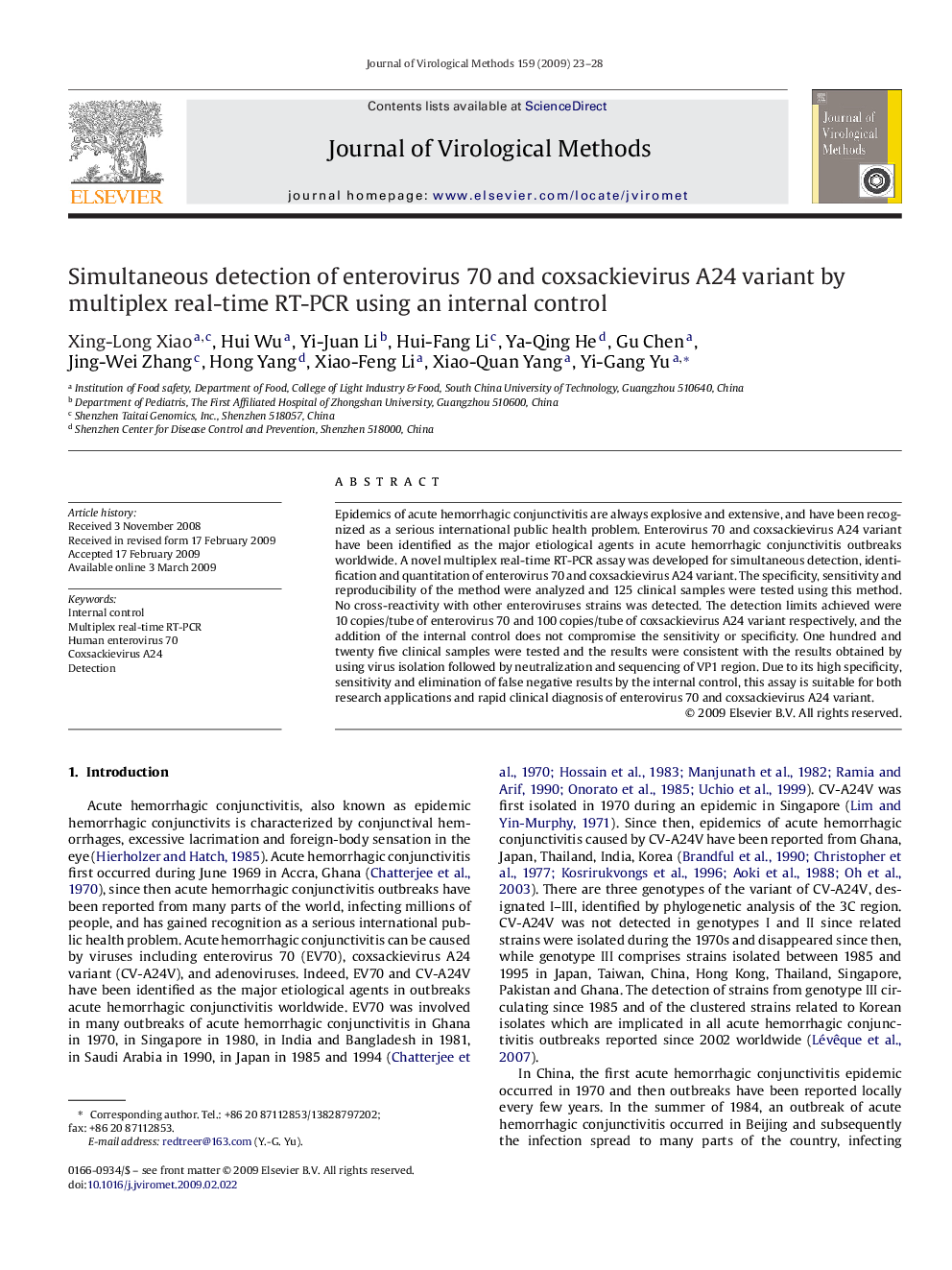 Simultaneous detection of enterovirus 70 and coxsackievirus A24 variant by multiplex real-time RT-PCR using an internal control