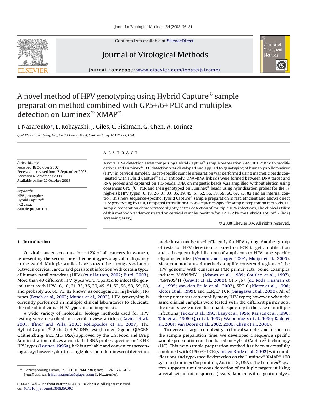 A novel method of HPV genotyping using Hybrid Capture® sample preparation method combined with GP5+/6+ PCR and multiplex detection on Luminex® XMAP®