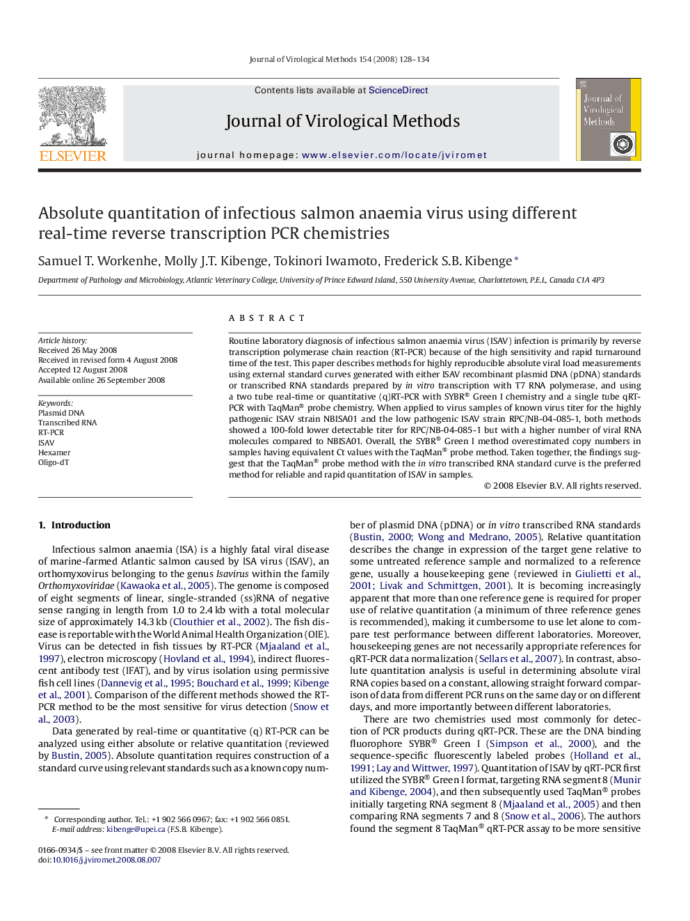 Absolute quantitation of infectious salmon anaemia virus using different real-time reverse transcription PCR chemistries