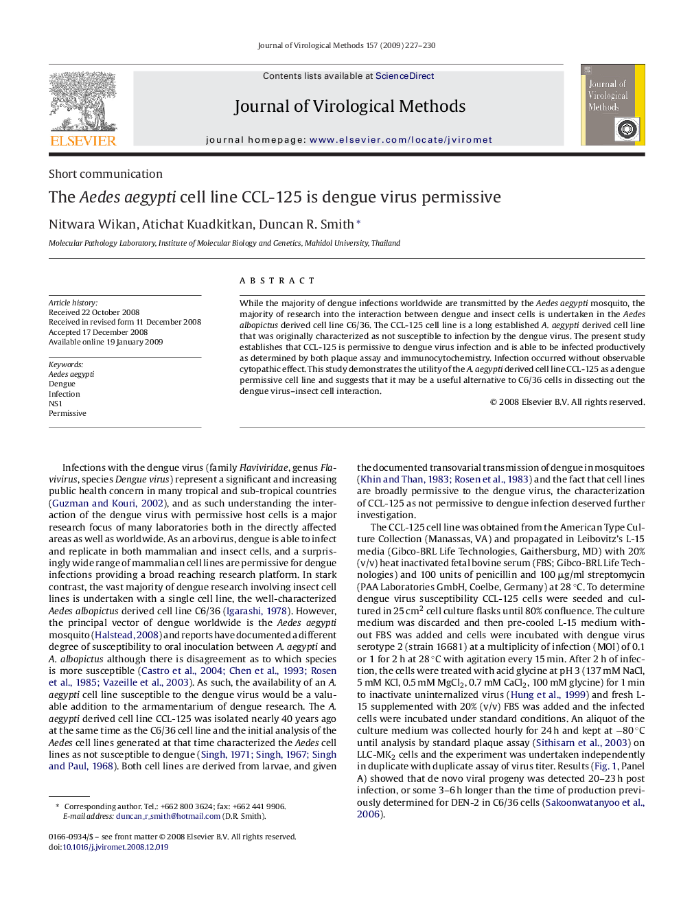 The Aedes aegypti cell line CCL-125 is dengue virus permissive