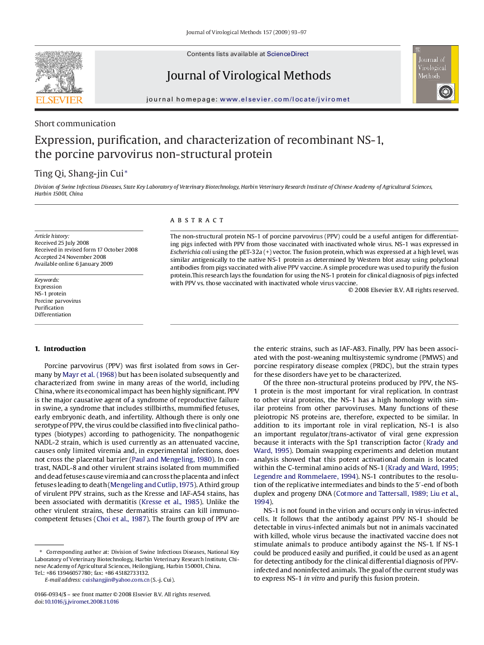 Expression, purification, and characterization of recombinant NS-1, the porcine parvovirus non-structural protein