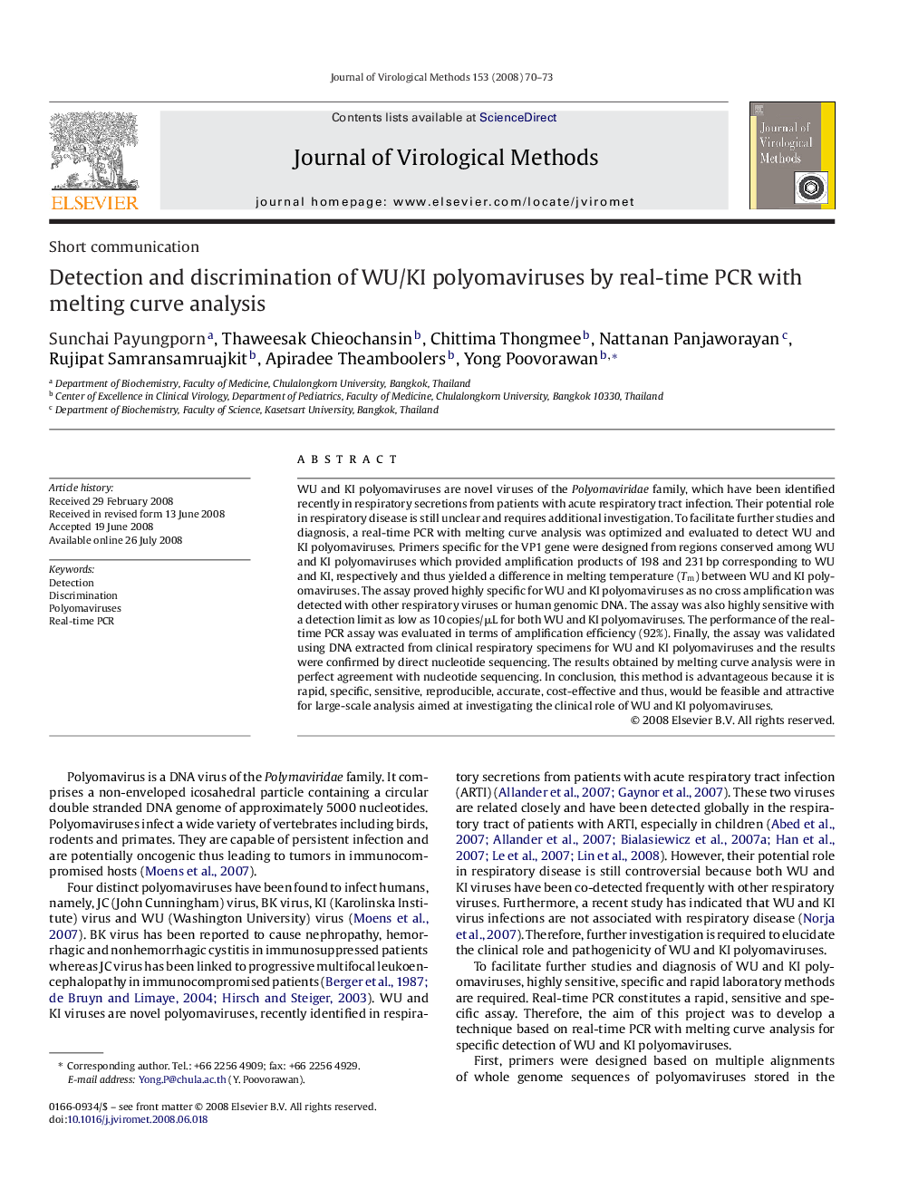 Detection and discrimination of WU/KI polyomaviruses by real-time PCR with melting curve analysis