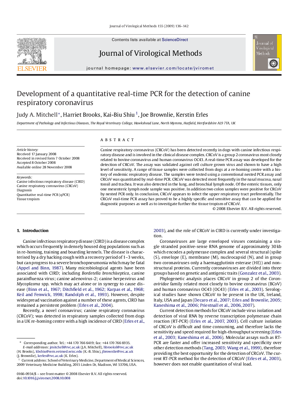 Development of a quantitative real-time PCR for the detection of canine respiratory coronavirus