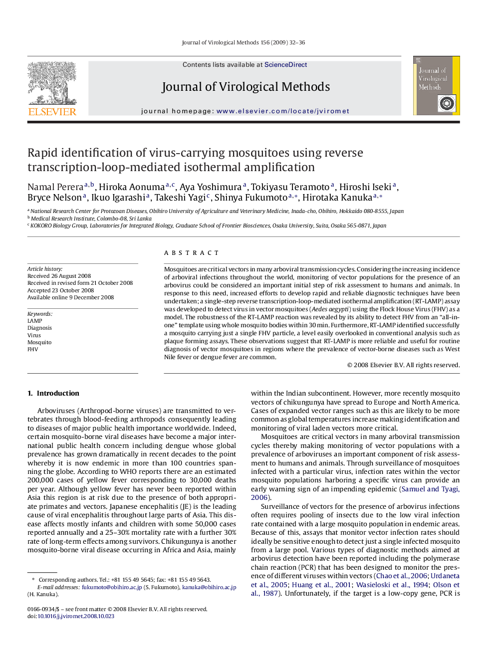 Rapid identification of virus-carrying mosquitoes using reverse transcription-loop-mediated isothermal amplification