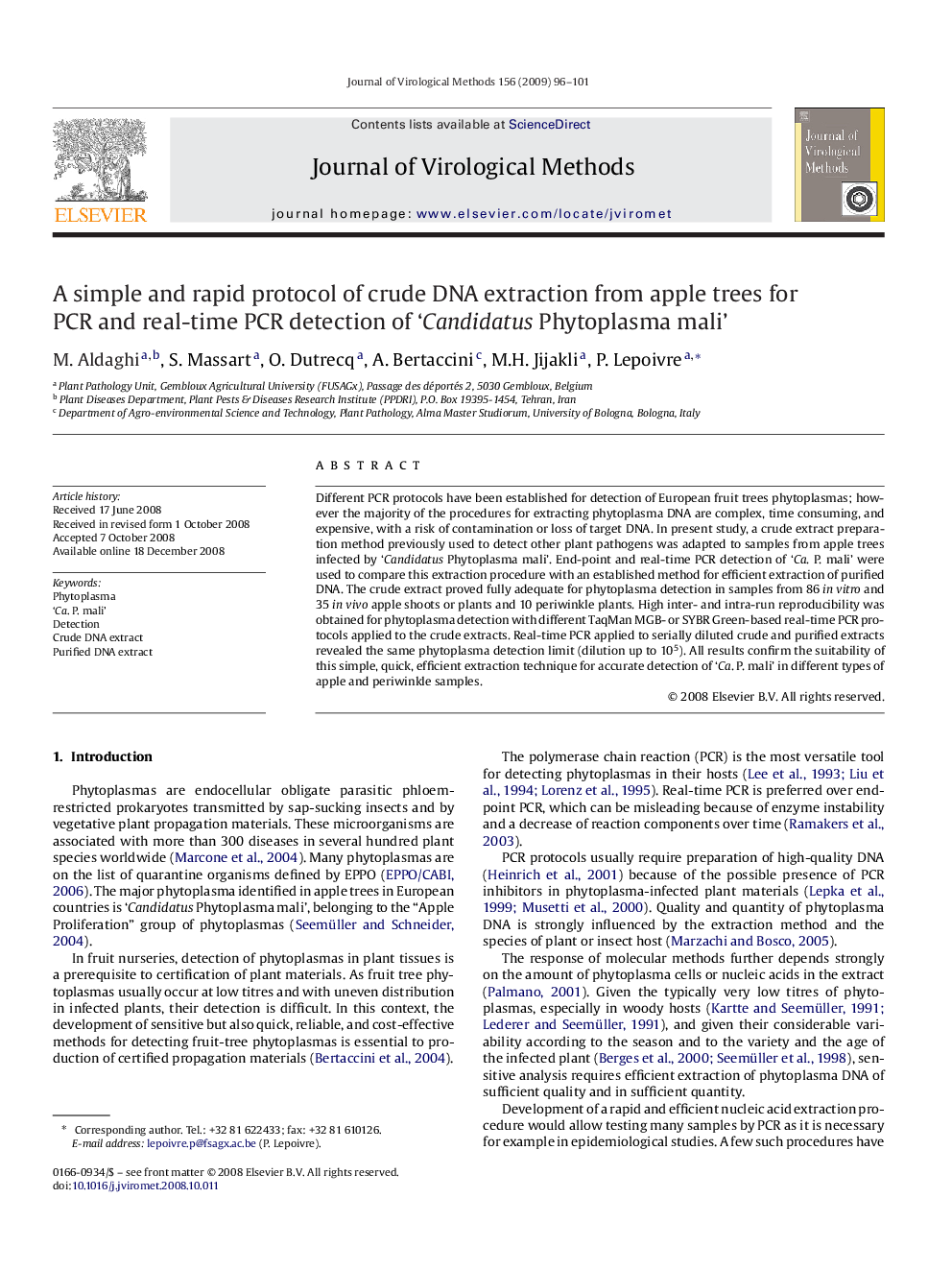 A simple and rapid protocol of crude DNA extraction from apple trees for PCR and real-time PCR detection of ‘Candidatus Phytoplasma mali’