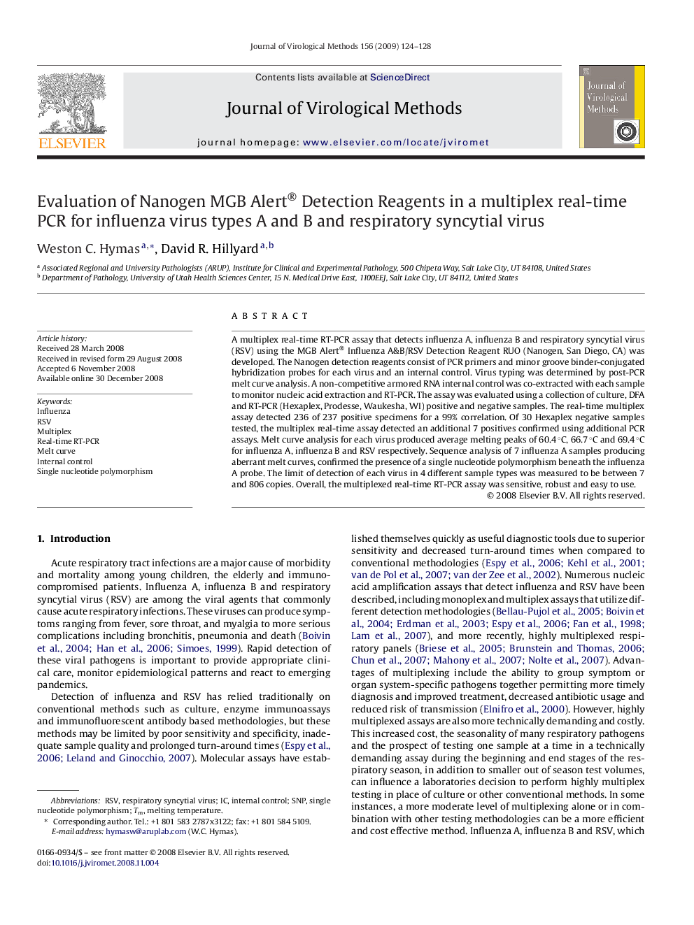 Evaluation of Nanogen MGB Alert® Detection Reagents in a multiplex real-time PCR for influenza virus types A and B and respiratory syncytial virus