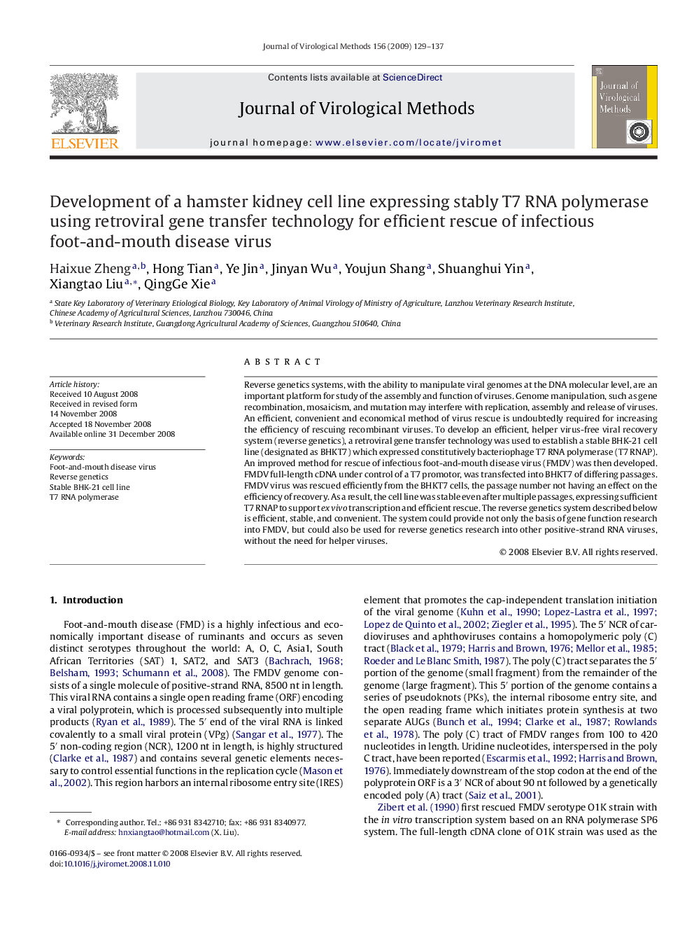 Development of a hamster kidney cell line expressing stably T7 RNA polymerase using retroviral gene transfer technology for efficient rescue of infectious foot-and-mouth disease virus