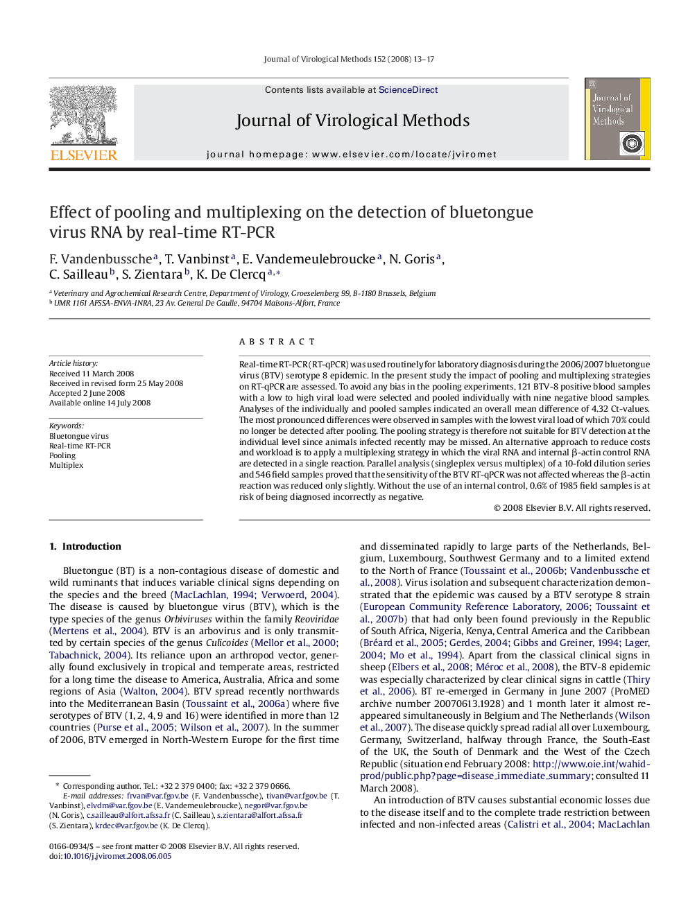 Effect of pooling and multiplexing on the detection of bluetongue virus RNA by real-time RT-PCR