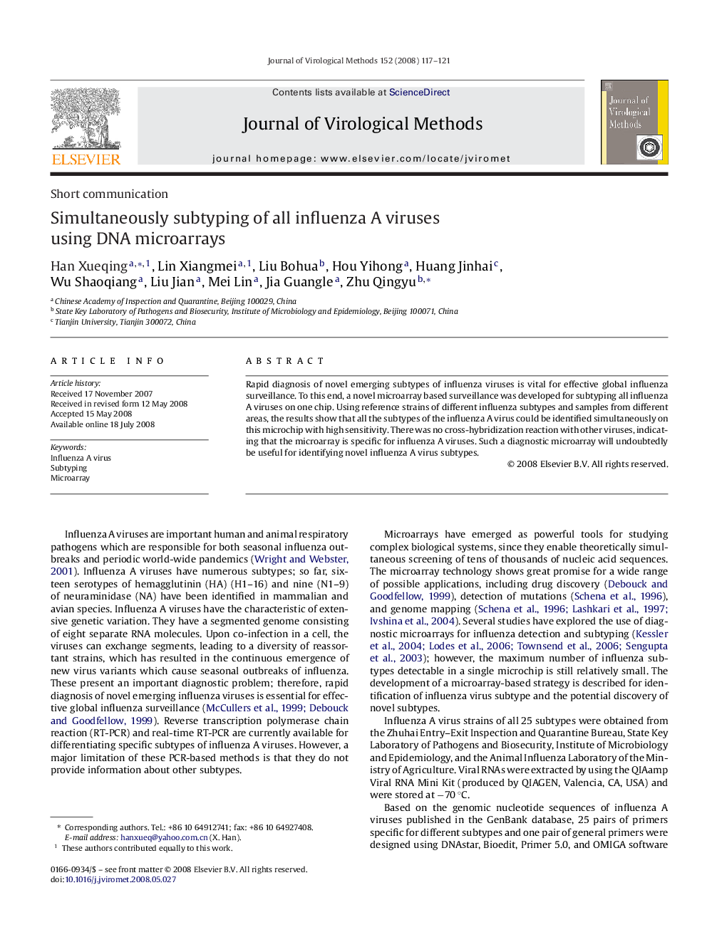 Simultaneously subtyping of all influenza A viruses using DNA microarrays