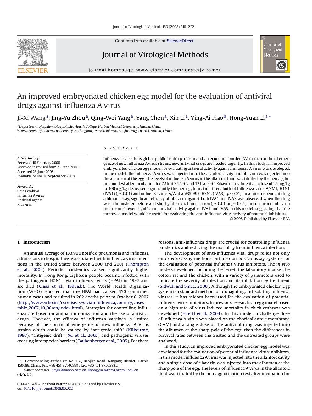 An improved embryonated chicken egg model for the evaluation of antiviral drugs against influenza A virus