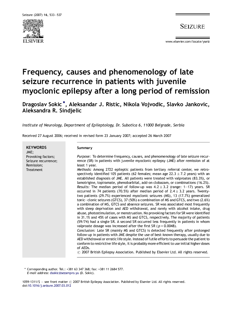 Frequency, causes and phenomenology of late seizure recurrence in patients with juvenile myoclonic epilepsy after a long period of remission