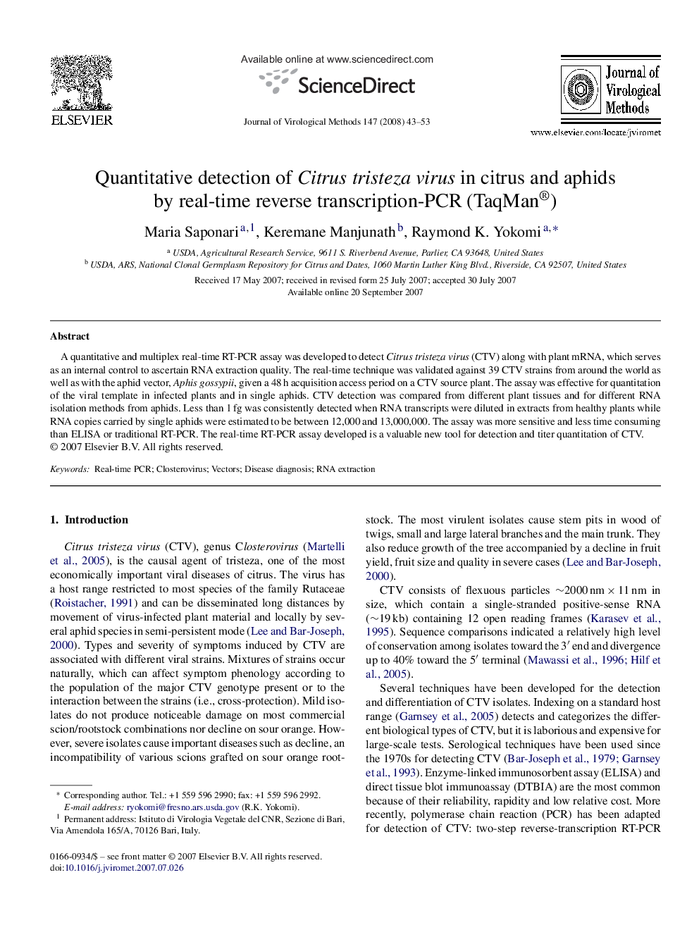 عکس صفحه اول مقاله: Quantitative detection of Citrus tristeza virus in citrus and aphids by real-time reverse transcription-PCR (TaqMan®) Quantitative detection of Citrus tristeza virus in citrus and aphids by real-time reverse transcription-PCR (TaqMan®)