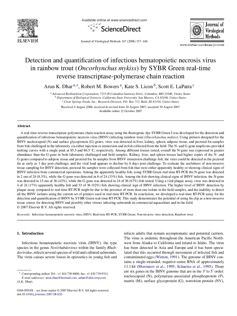 Detection and quantification of infectious hematopoietic necrosis virus in rainbow trout (Oncorhynchus mykiss) by SYBR Green real-time reverse transcriptase-polymerase chain reaction