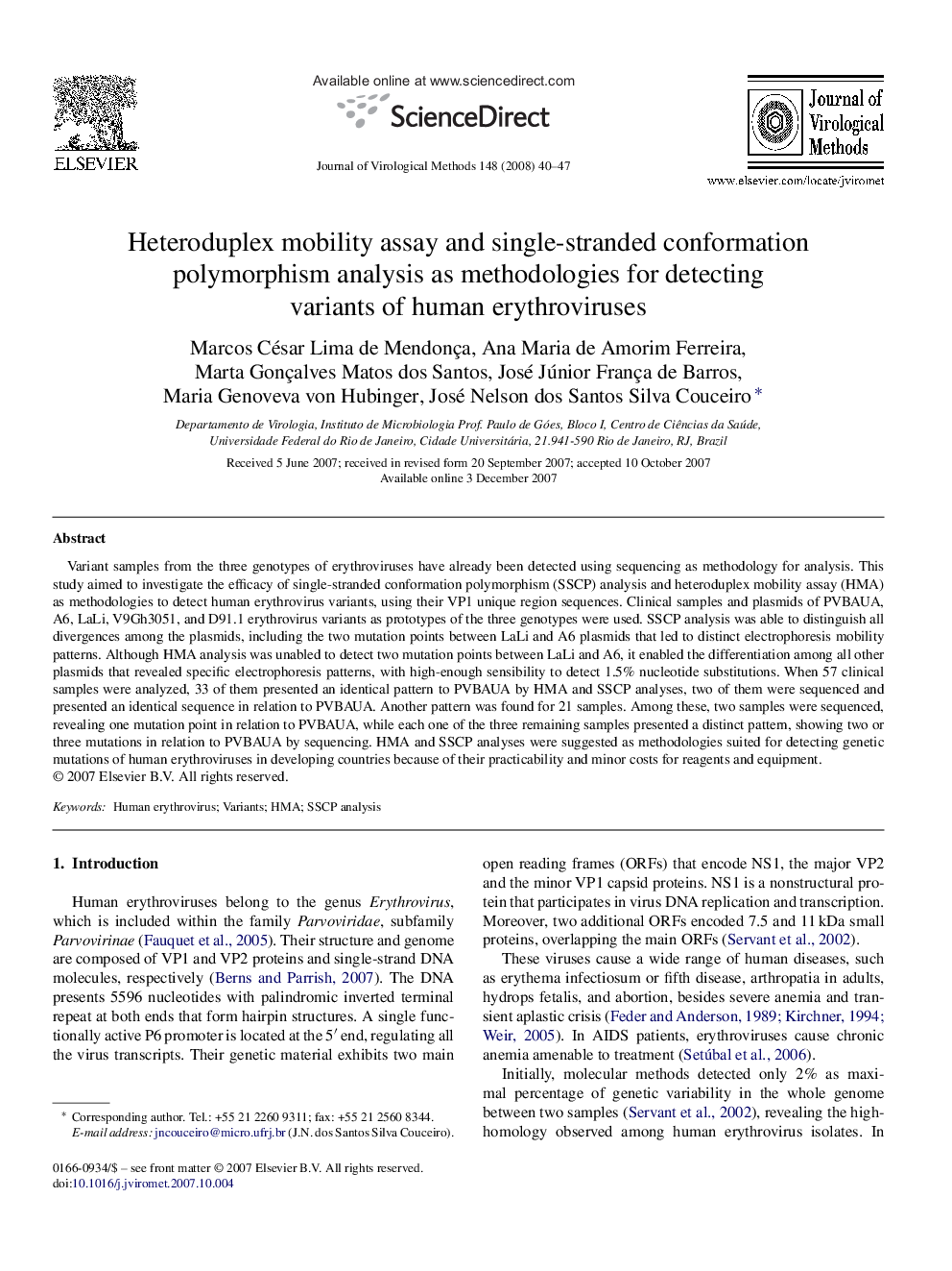 Heteroduplex mobility assay and single-stranded conformation polymorphism analysis as methodologies for detecting variants of human erythroviruses