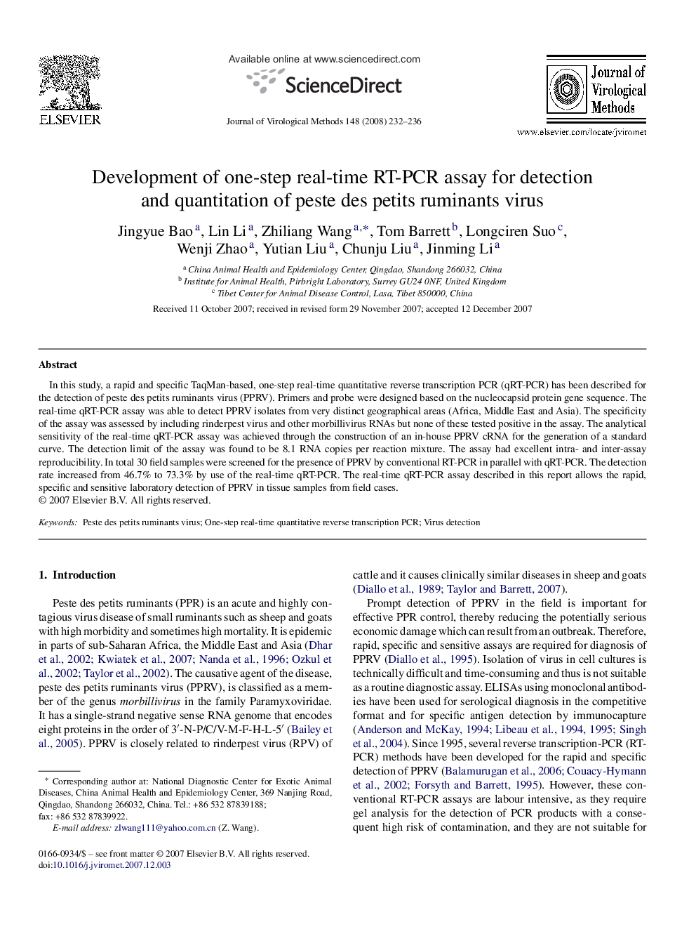 Development of one-step real-time RT-PCR assay for detection and quantitation of peste des petits ruminants virus