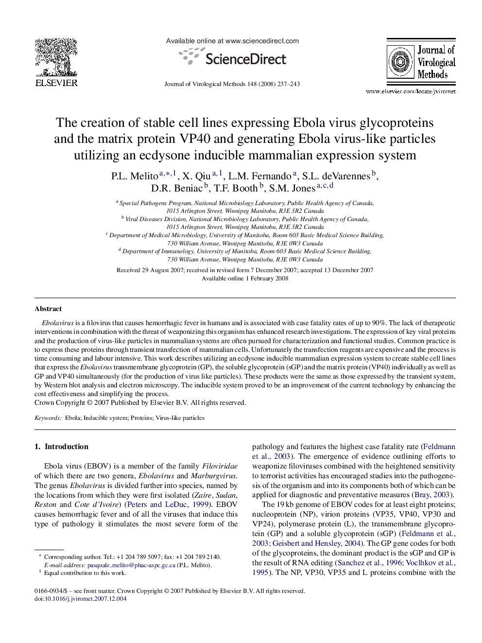 The creation of stable cell lines expressing Ebola virus glycoproteins and the matrix protein VP40 and generating Ebola virus-like particles utilizing an ecdysone inducible mammalian expression system