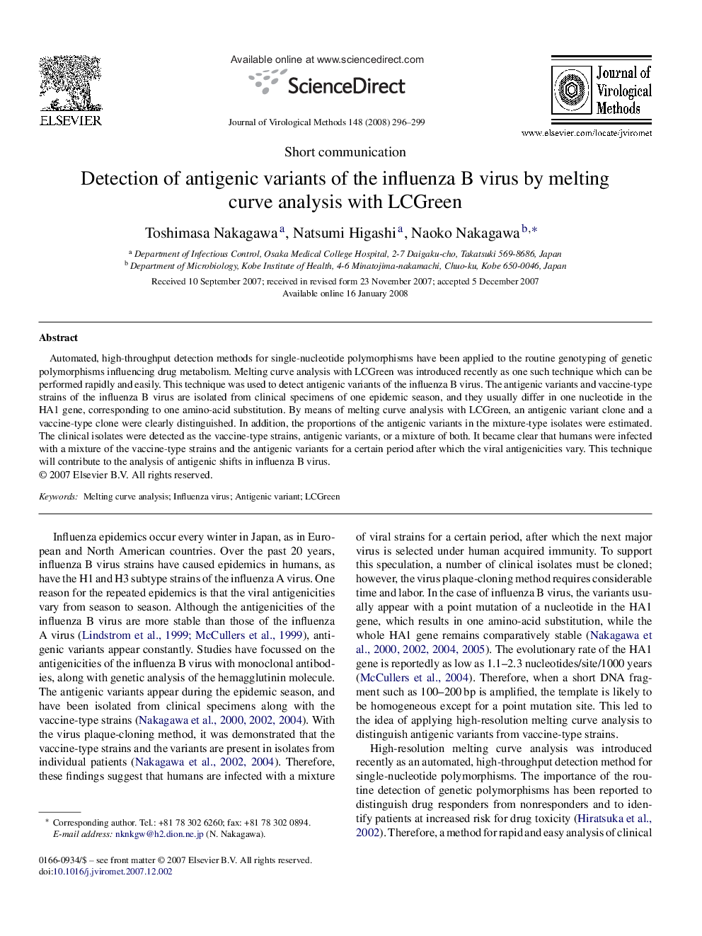 Detection of antigenic variants of the influenza B virus by melting curve analysis with LCGreen