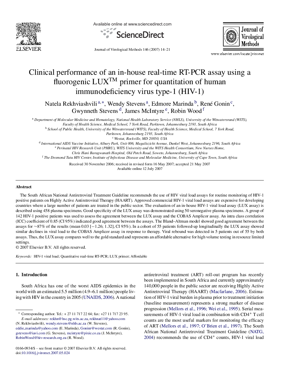 Clinical performance of an in-house real-time RT-PCR assay using a fluorogenic LUXâ¢ primer for quantitation of human immunodeficiency virus type-1 (HIV-1)