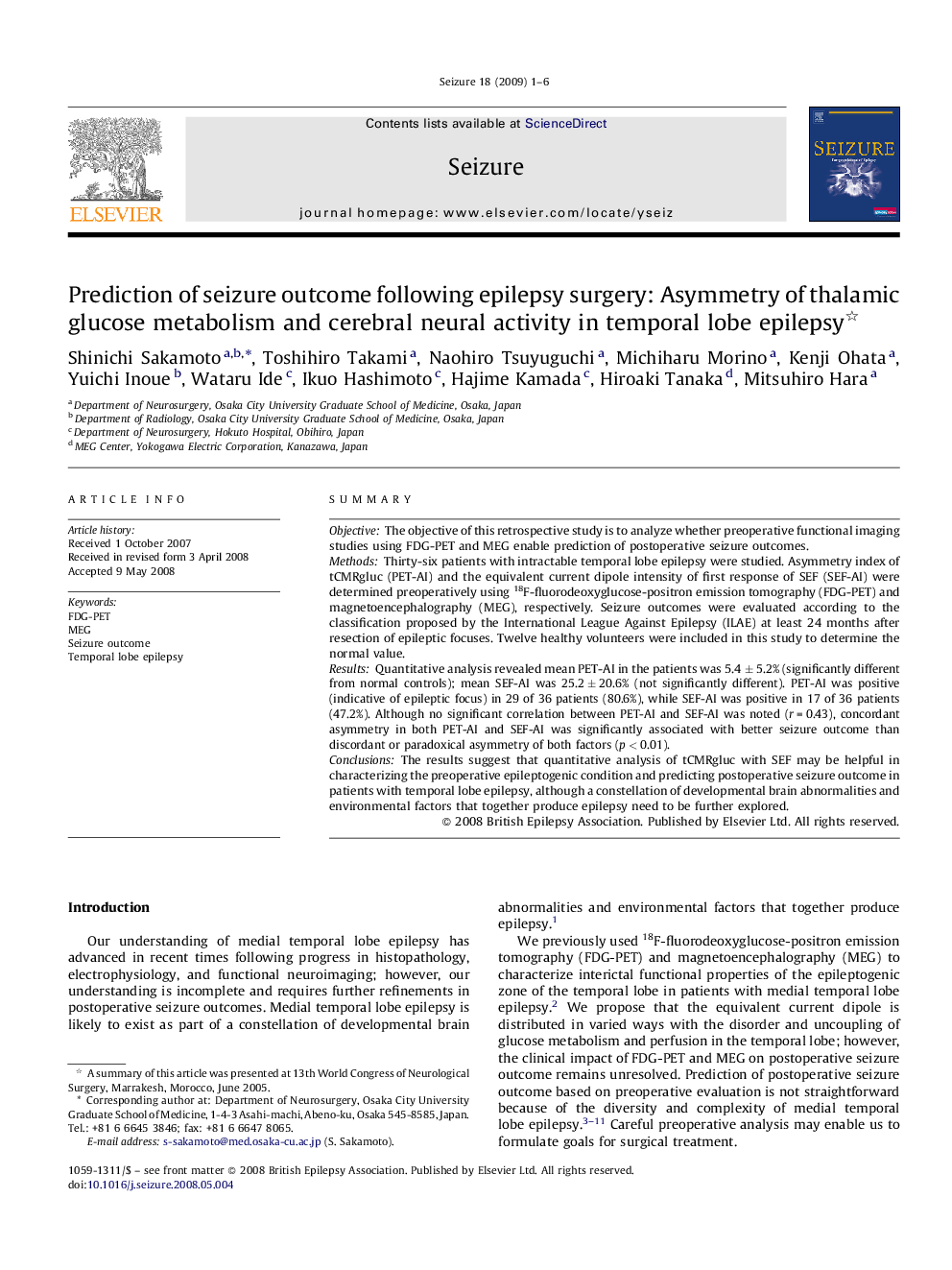 Prediction of seizure outcome following epilepsy surgery: Asymmetry of thalamic glucose metabolism and cerebral neural activity in temporal lobe epilepsy 