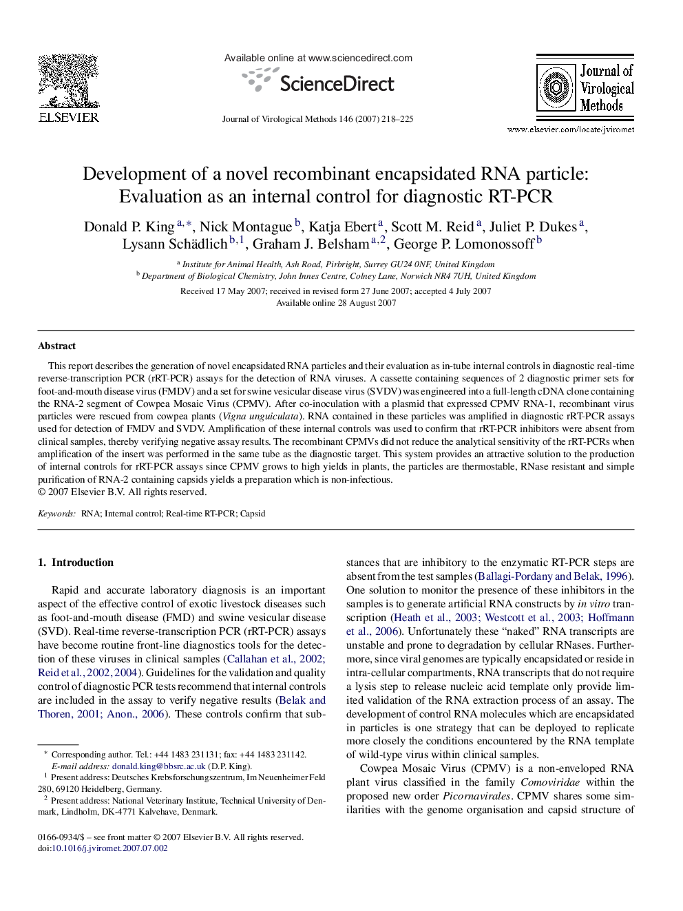 Development of a novel recombinant encapsidated RNA particle: Evaluation as an internal control for diagnostic RT-PCR