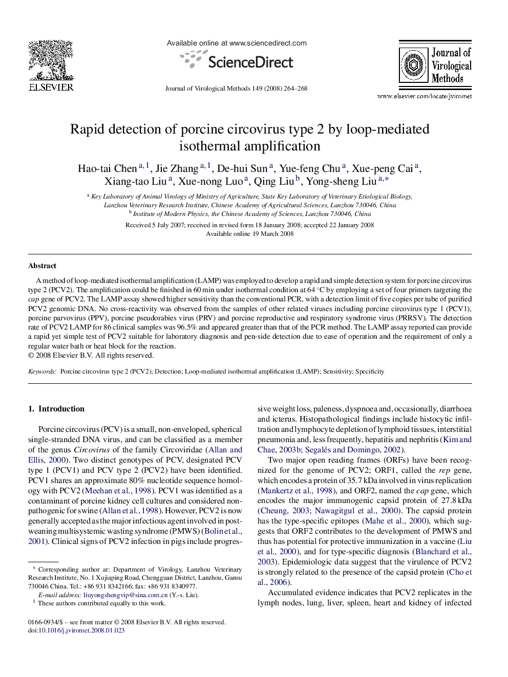 Rapid detection of porcine circovirus type 2 by loop-mediated isothermal amplification