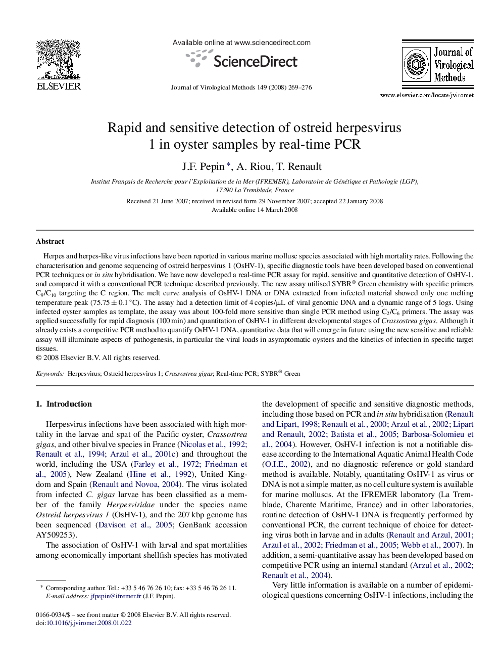 Rapid and sensitive detection of ostreid herpesvirus 1 in oyster samples by real-time PCR