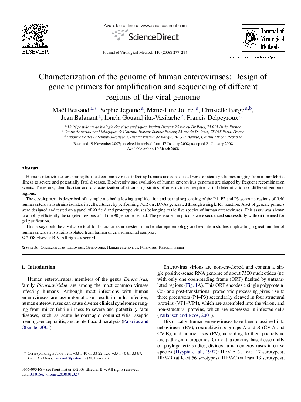 عکس صفحه اول مقاله: Characterization of the genome of human enteroviruses: Design of generic primers for amplification and sequencing of different regions of the viral genome Characterization of the genome of human enteroviruses: Design of generic primers for amplification and sequencing of different regions of the viral genome
