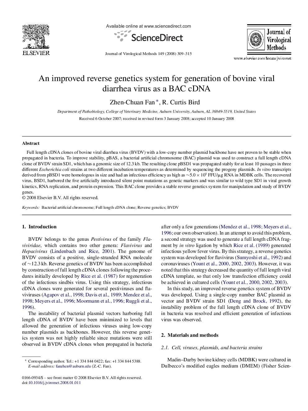 An improved reverse genetics system for generation of bovine viral diarrhea virus as a BAC cDNA