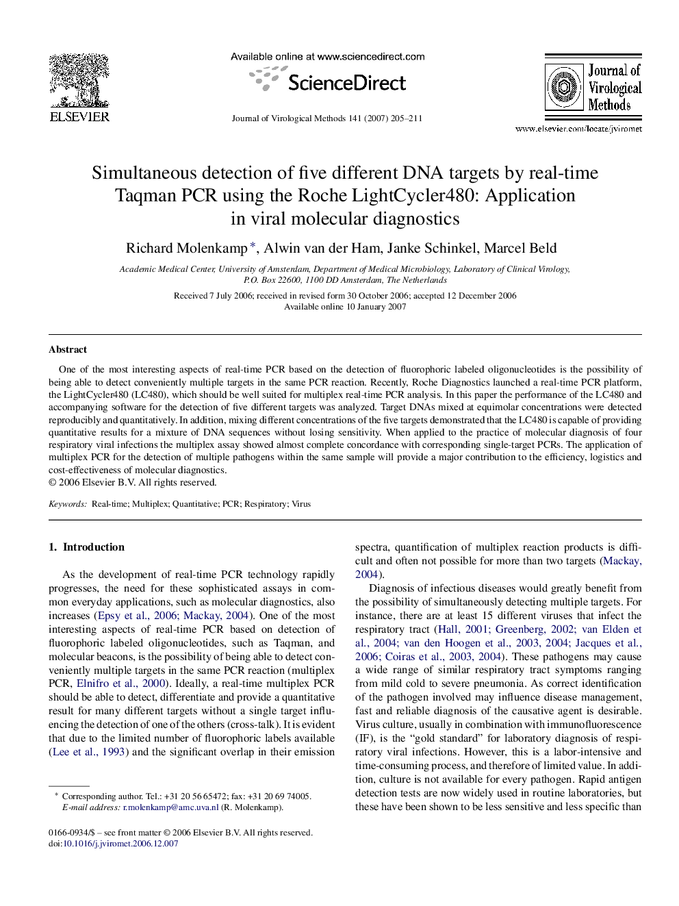 Simultaneous detection of five different DNA targets by real-time Taqman PCR using the Roche LightCycler480: Application in viral molecular diagnostics