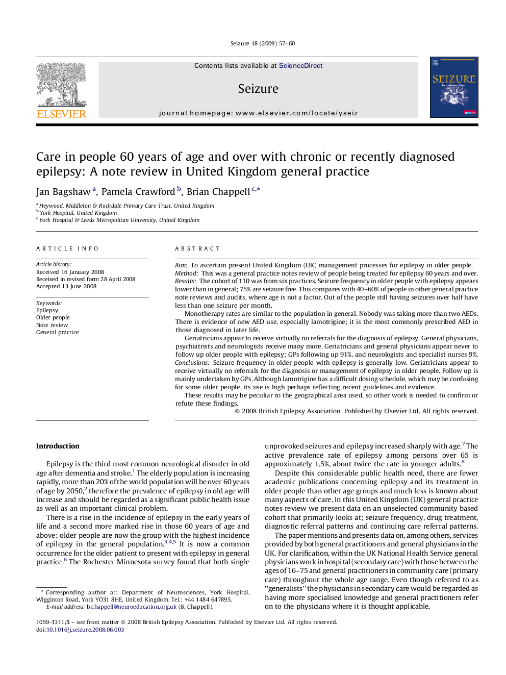 Care in people 60 years of age and over with chronic or recently diagnosed epilepsy: A note review in United Kingdom general practice