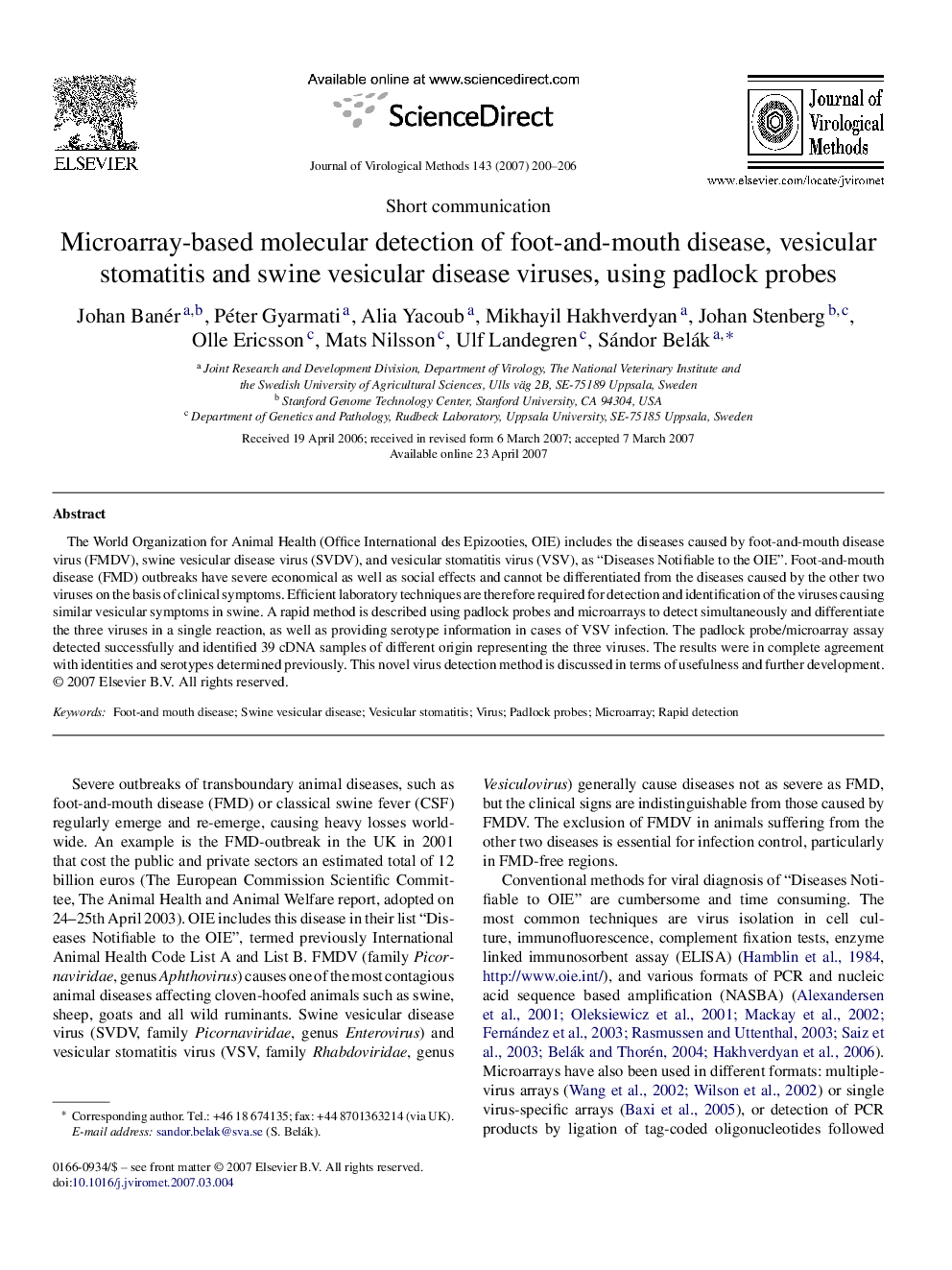 Microarray-based molecular detection of foot-and-mouth disease, vesicular stomatitis and swine vesicular disease viruses, using padlock probes