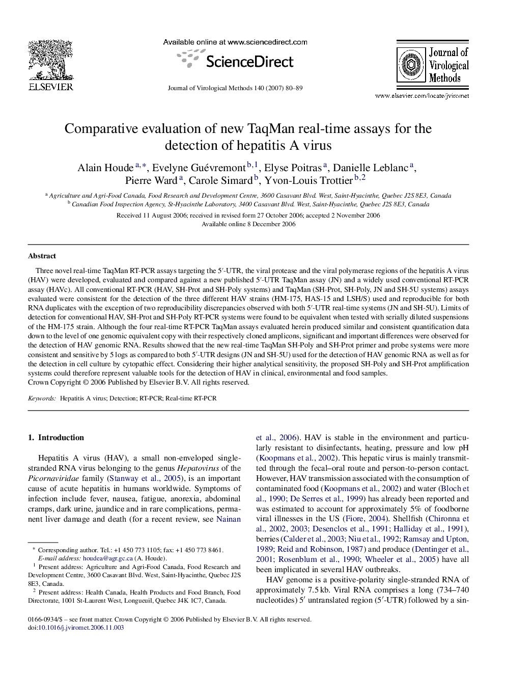 Comparative evaluation of new TaqMan real-time assays for the detection of hepatitis A virus