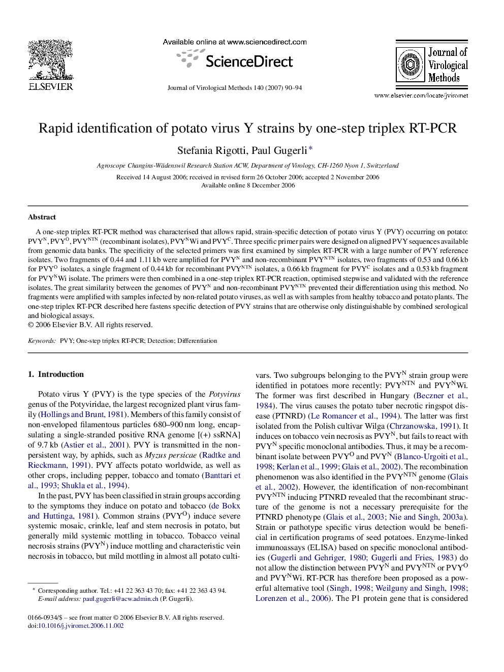 Rapid identification of potato virus Y strains by one-step triplex RT-PCR