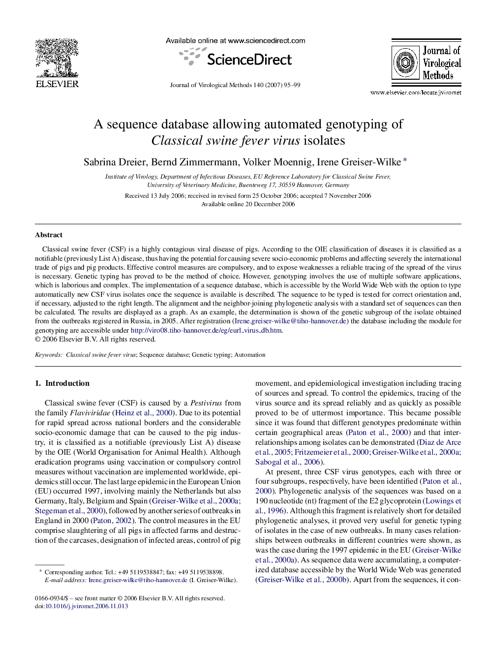 A sequence database allowing automated genotyping of Classical swine fever virus isolates