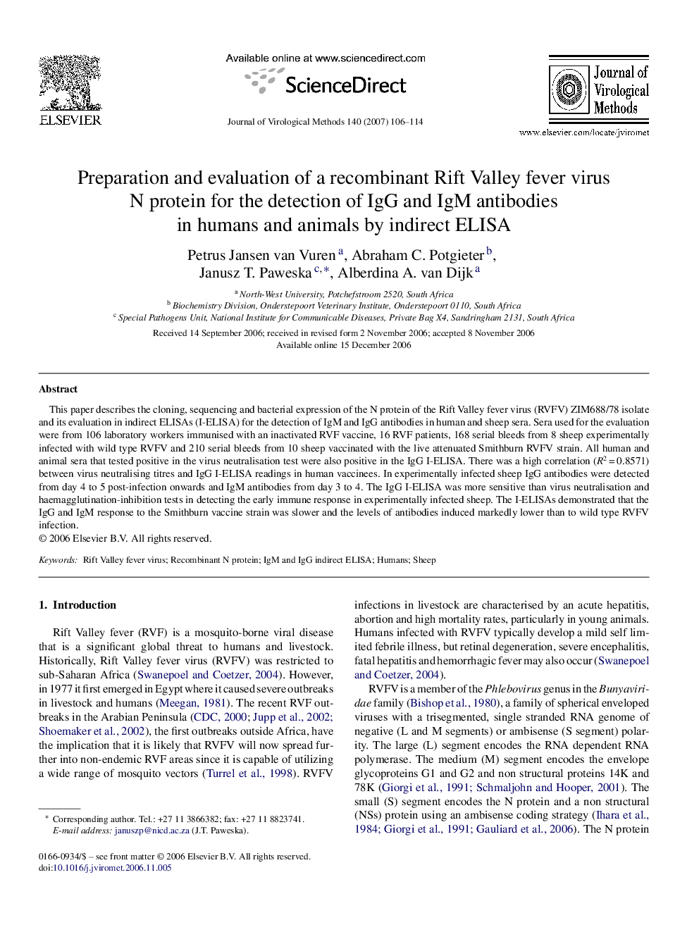 Preparation and evaluation of a recombinant Rift Valley fever virus N protein for the detection of IgG and IgM antibodies in humans and animals by indirect ELISA