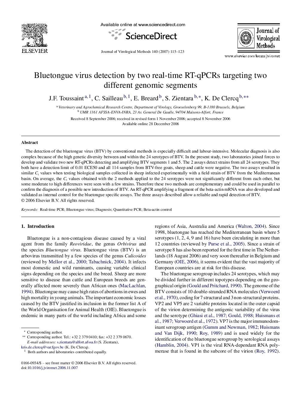 Bluetongue virus detection by two real-time RT-qPCRs targeting two different genomic segments