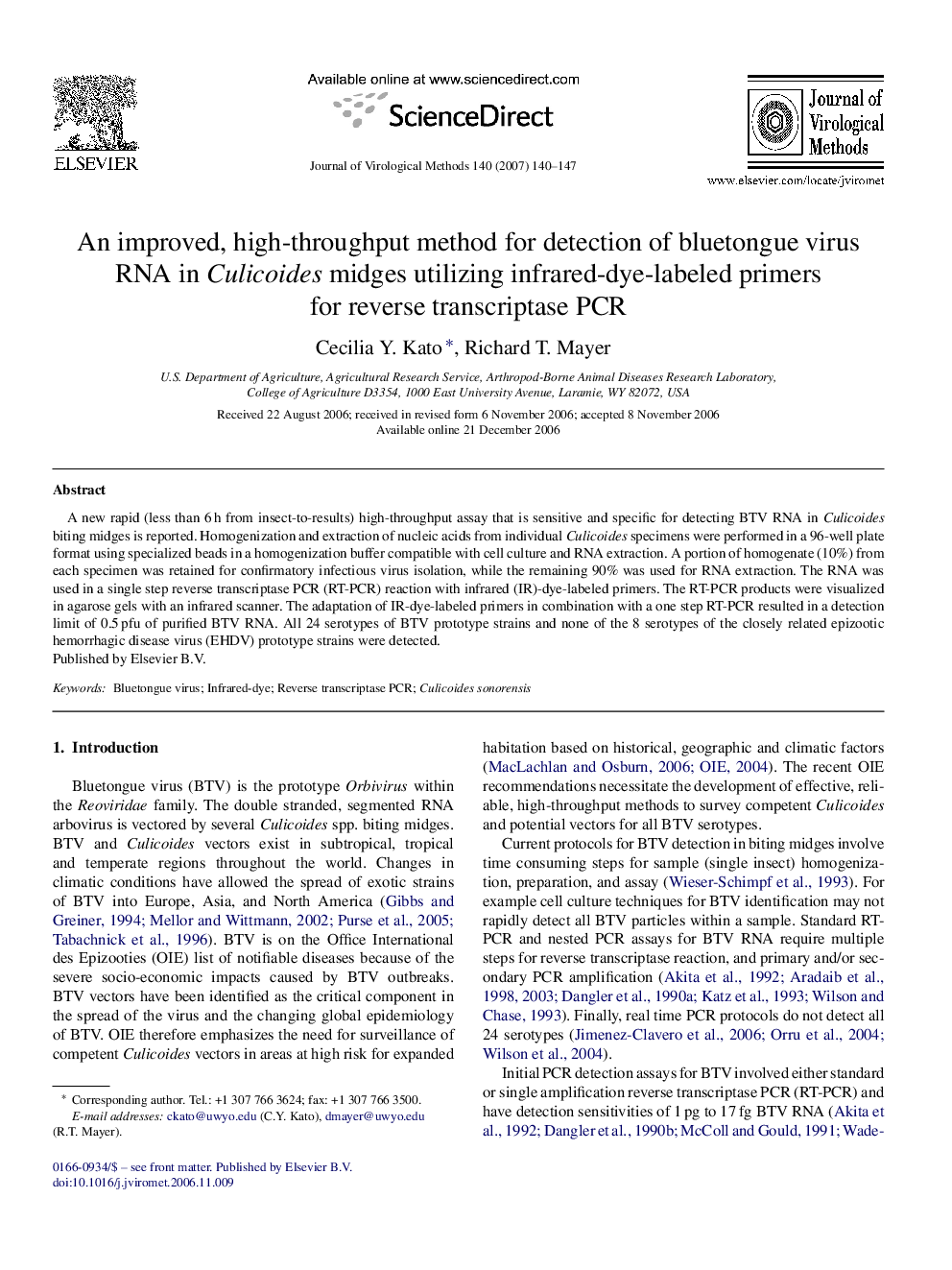 An improved, high-throughput method for detection of bluetongue virus RNA in Culicoides midges utilizing infrared-dye-labeled primers for reverse transcriptase PCR