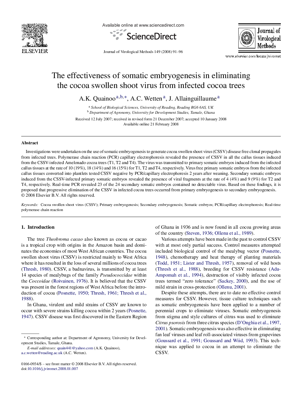 The effectiveness of somatic embryogenesis in eliminating the cocoa swollen shoot virus from infected cocoa trees