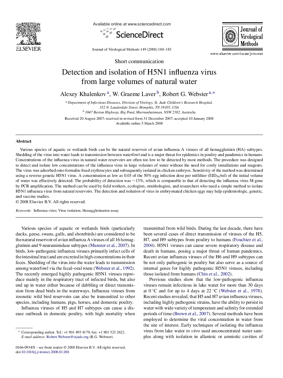 Detection and isolation of H5N1 influenza virus from large volumes of natural water