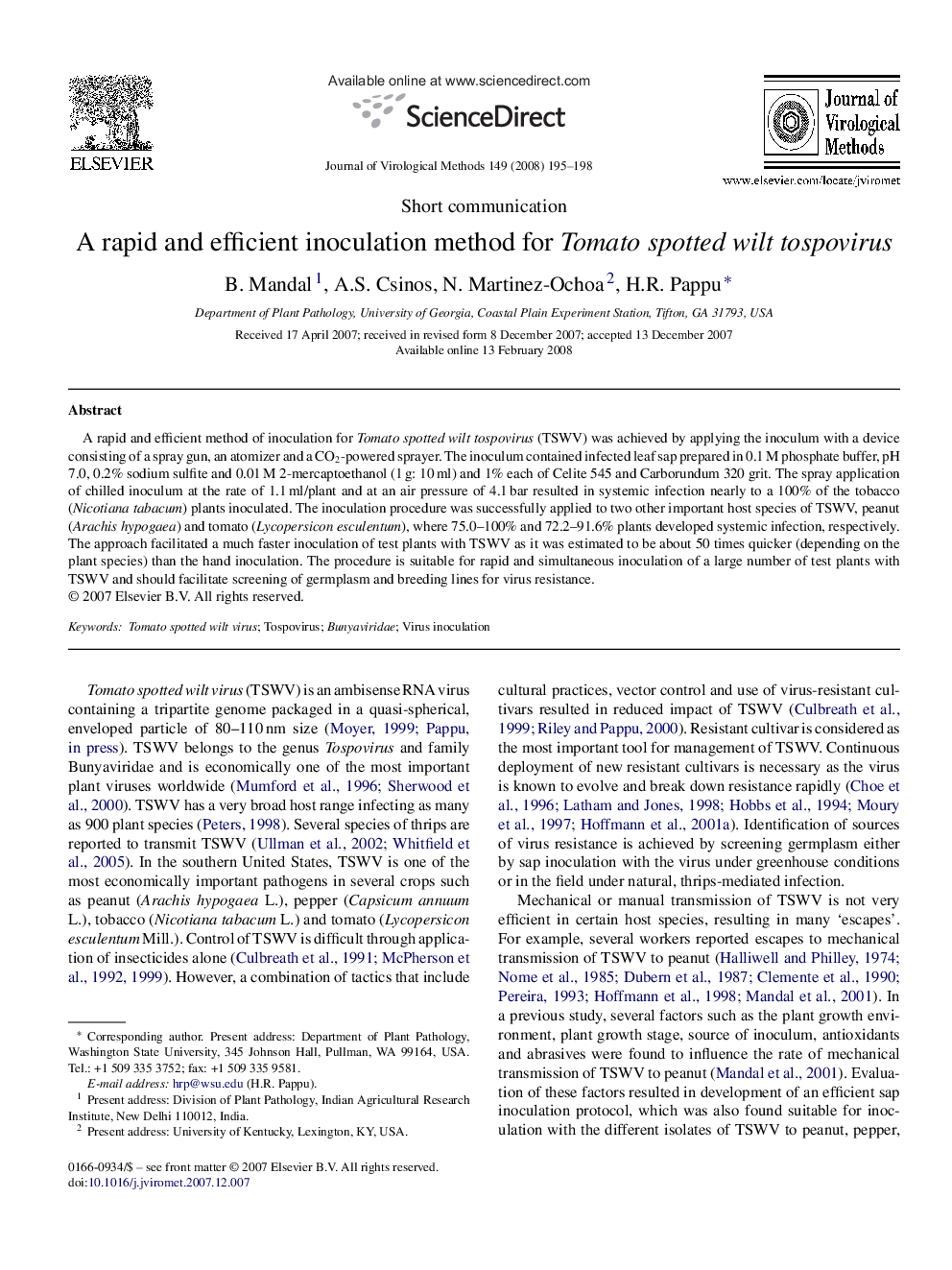 A rapid and efficient inoculation method for Tomato spotted wilt tospovirus