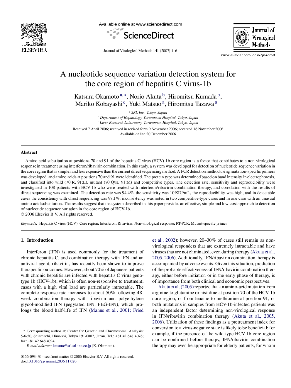 A nucleotide sequence variation detection system for the core region of hepatitis C virus-1b