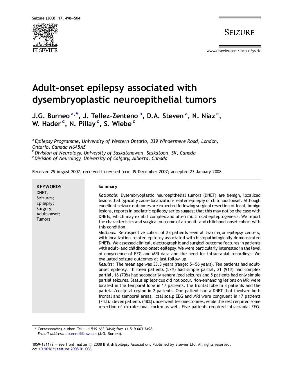 Adult-onset epilepsy associated with dysembryoplastic neuroepithelial tumors