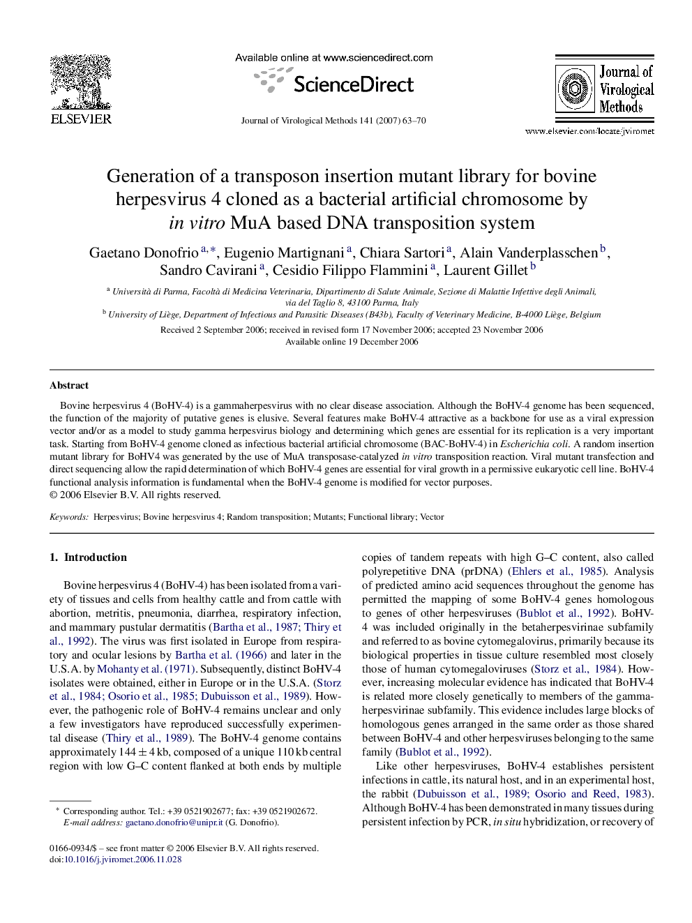 Generation of a transposon insertion mutant library for bovine herpesvirus 4 cloned as a bacterial artificial chromosome by in vitro MuA based DNA transposition system