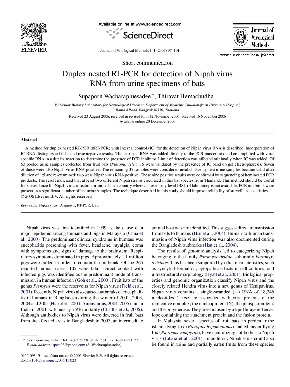 Duplex nested RT-PCR for detection of Nipah virus RNA from urine specimens of bats