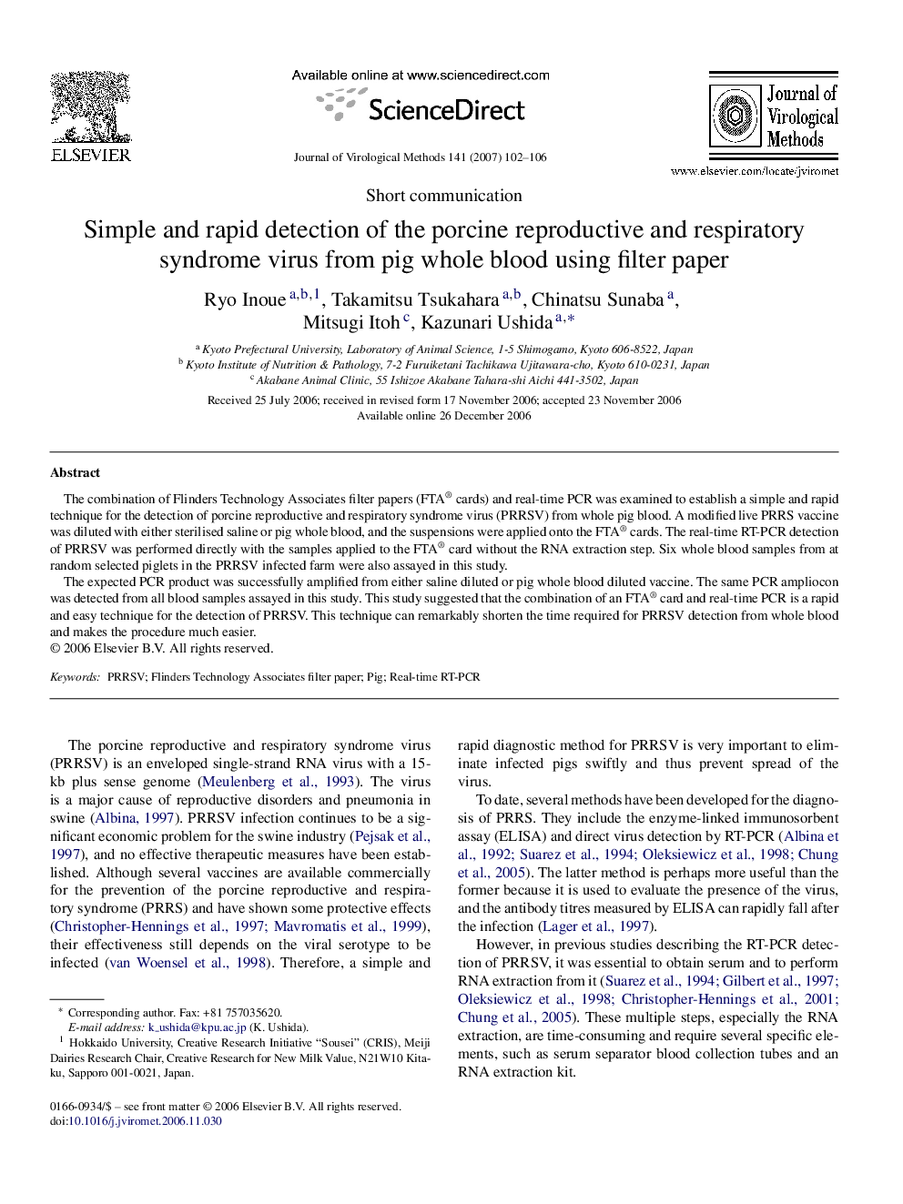 Simple and rapid detection of the porcine reproductive and respiratory syndrome virus from pig whole blood using filter paper