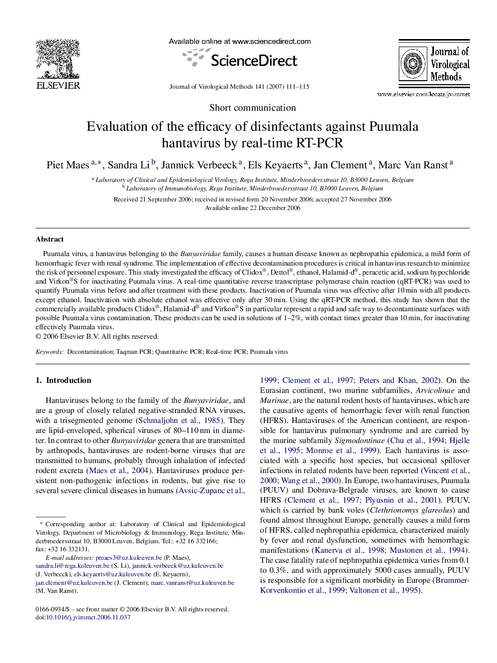 Evaluation of the efficacy of disinfectants against Puumala hantavirus by real-time RT-PCR