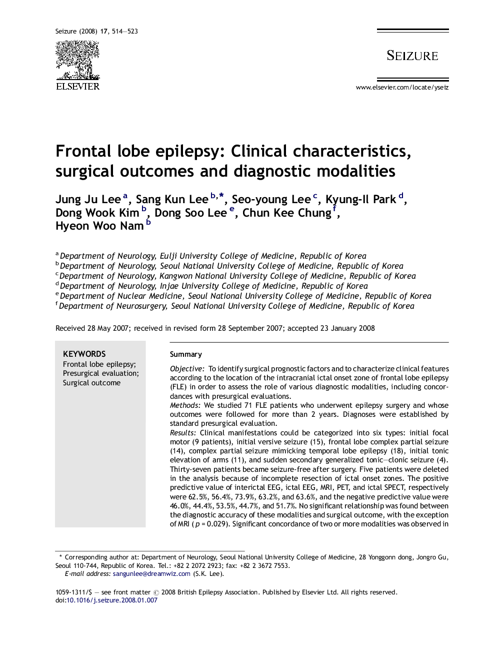 Frontal lobe epilepsy: Clinical characteristics, surgical outcomes and diagnostic modalities