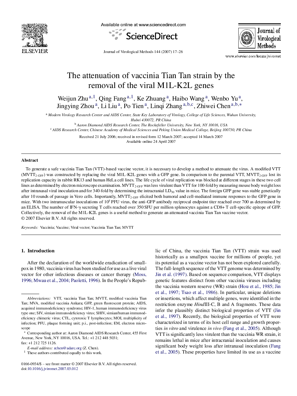 The attenuation of vaccinia Tian Tan strain by the removal of the viral M1L-K2L genes