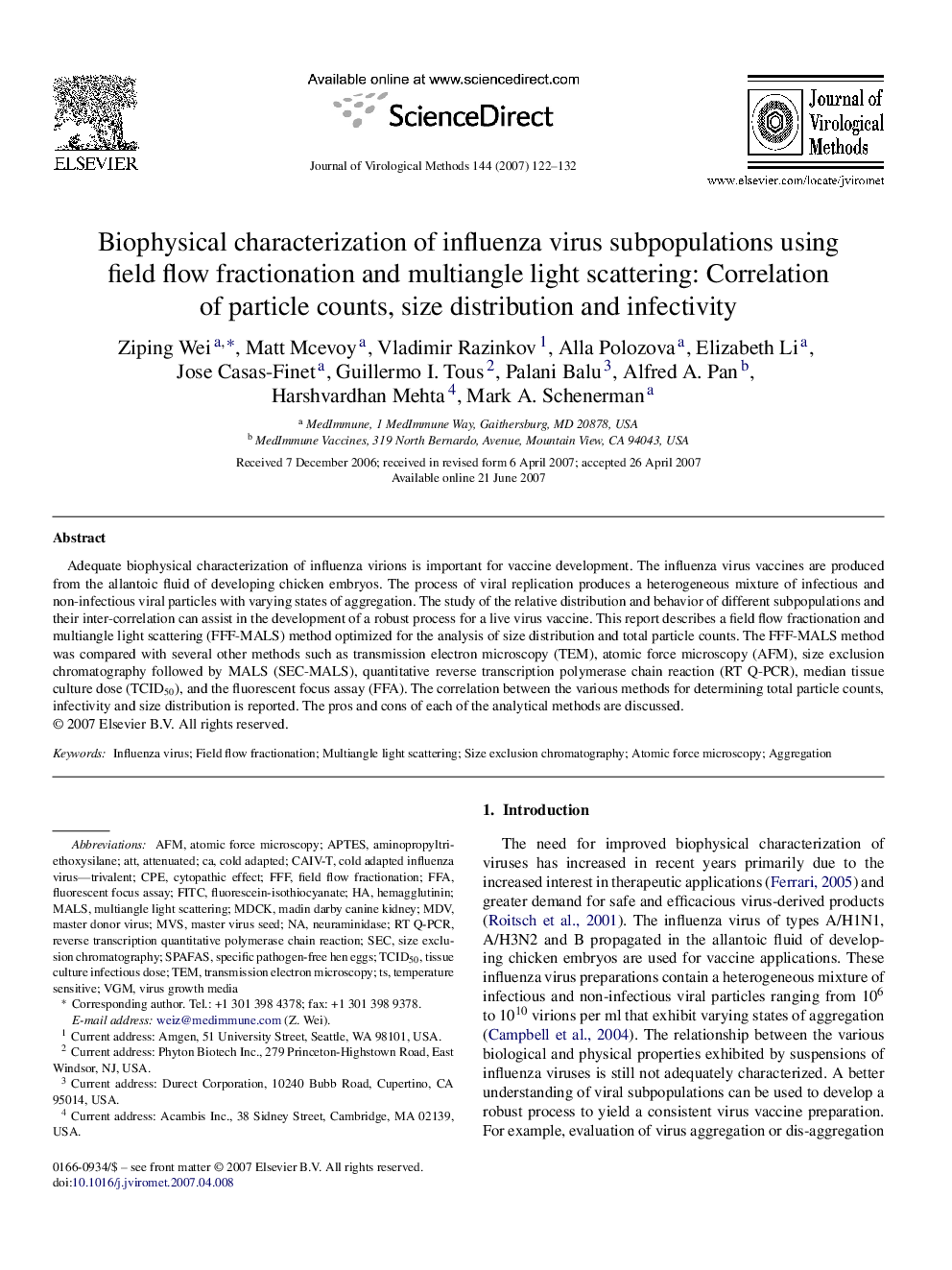 Biophysical characterization of influenza virus subpopulations using field flow fractionation and multiangle light scattering: Correlation of particle counts, size distribution and infectivity